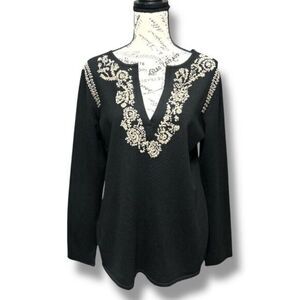 Chico’s 1 (M) Black Silk Blend Embroidered Floral Boho Tunic Top Long Sleeve